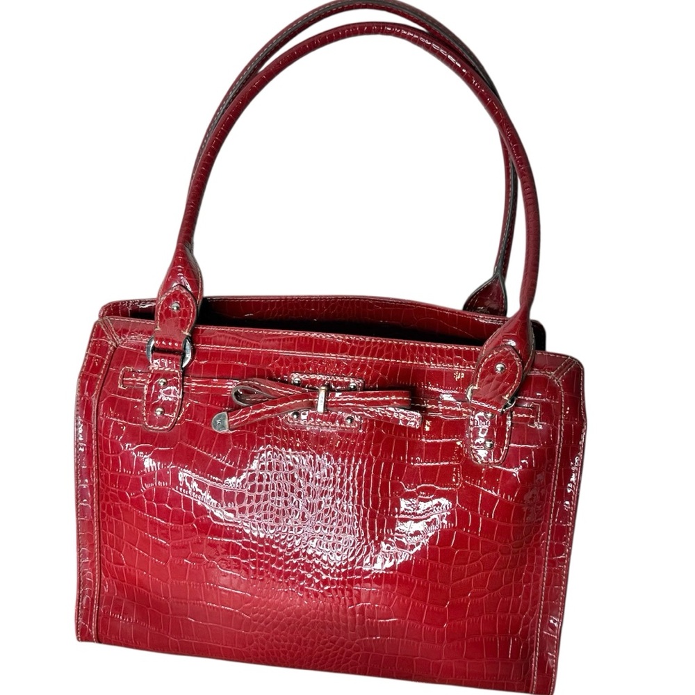 LIZ CLAIBORNE Red Patent Croc Embossed Pattern Tote Bag Double Handles Vinyl